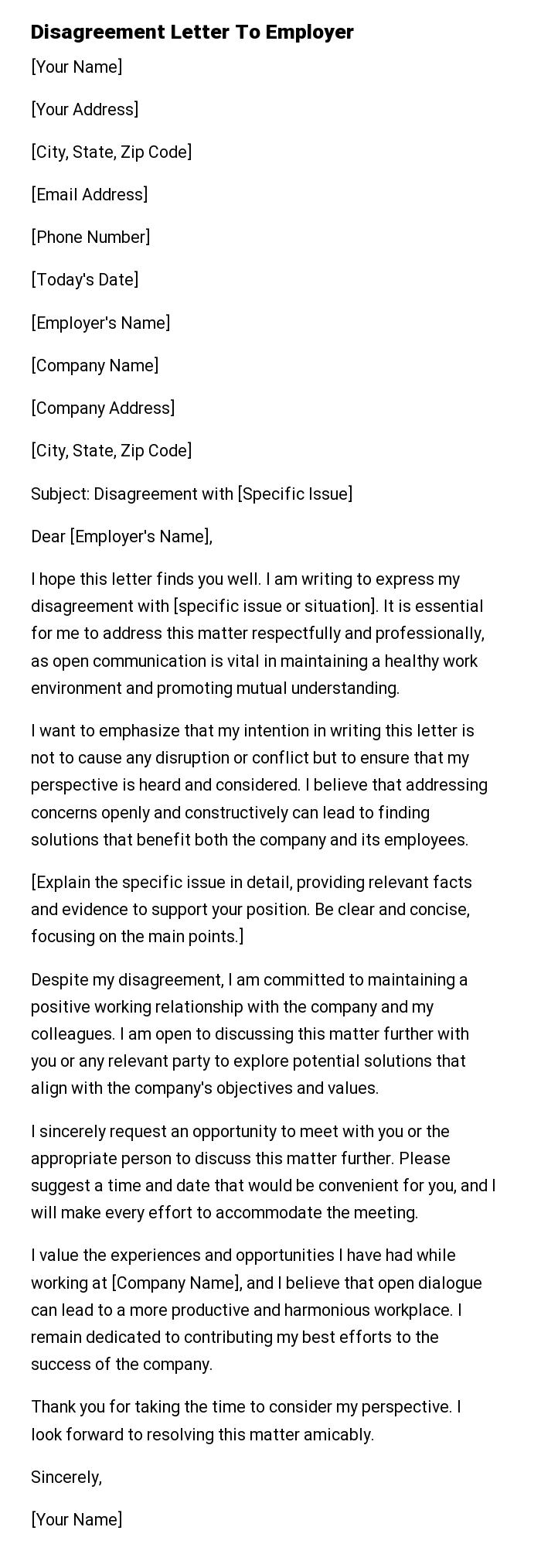 Disagreement Letter To Employer