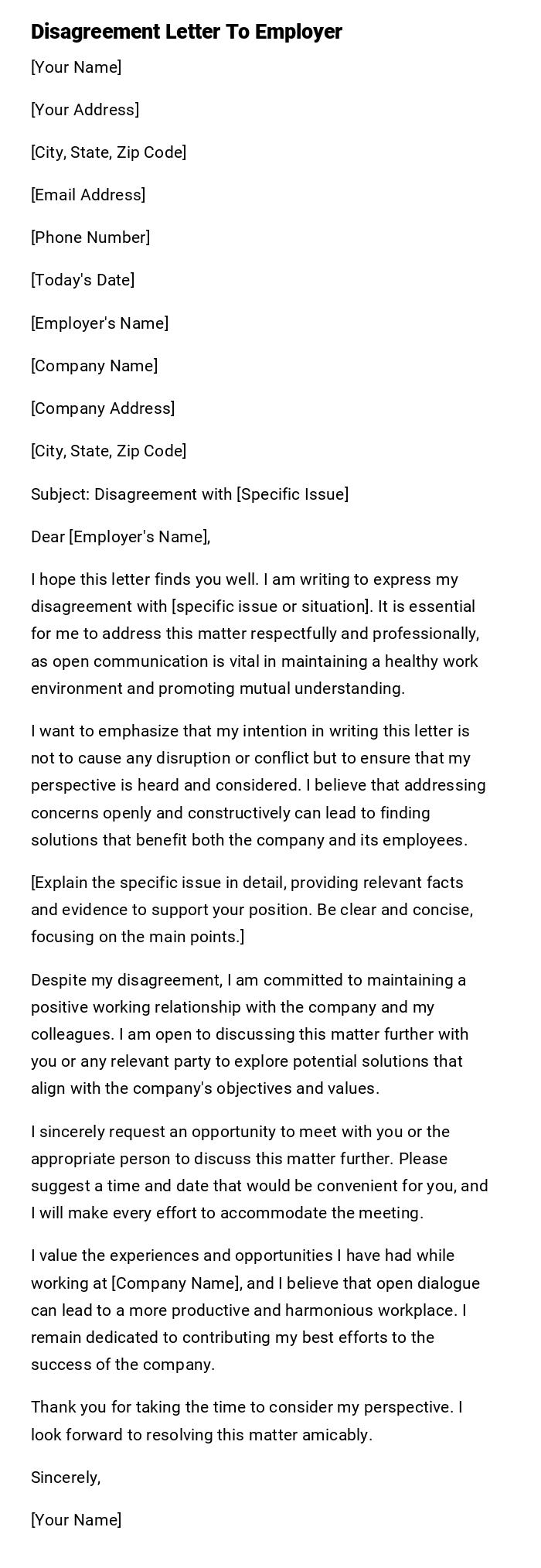 Disagreement Letter To Employer