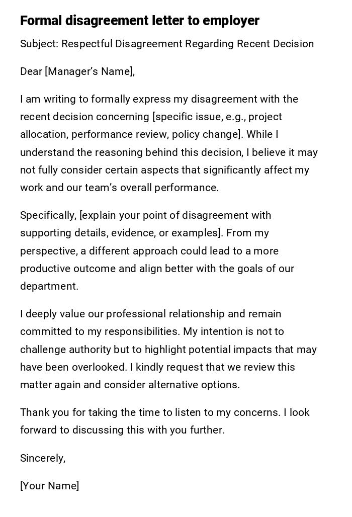 Formal disagreement letter to employer Formal disagreement letter to employer