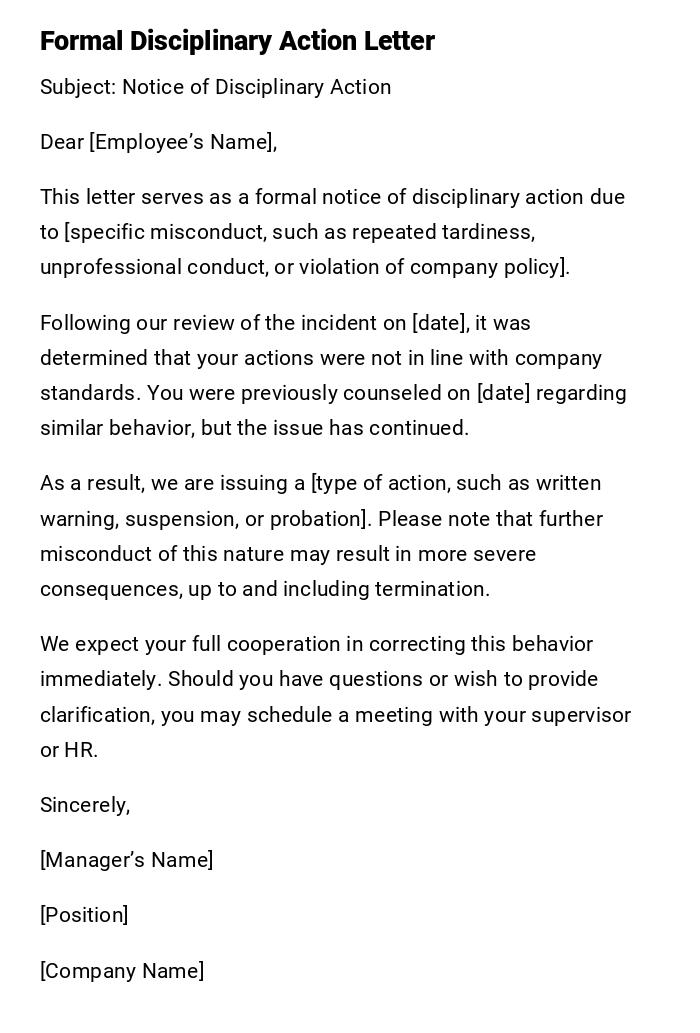 Formal Disciplinary Action Letter Formal Disciplinary Action Letter