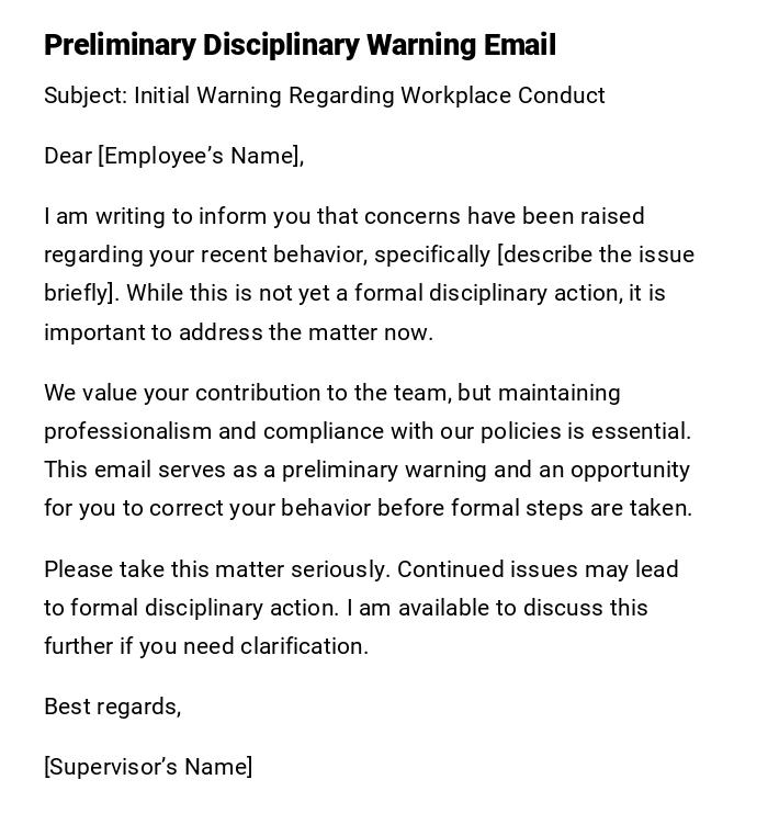 Preliminary Disciplinary Warning Email Preliminary Disciplinary Warning Email