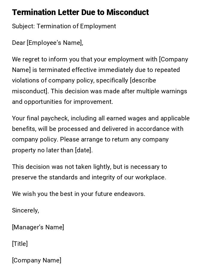 Termination Letter Due to Misconduct Termination Letter Due to Misconduct