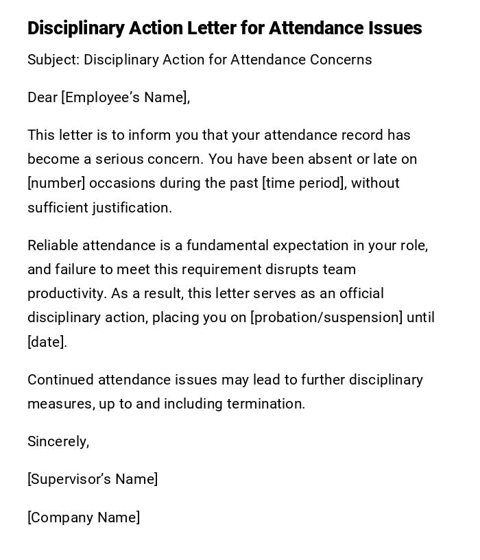 Disciplinary Action Letter for Attendance Issues Disciplinary Action Letter for Attendance Issues