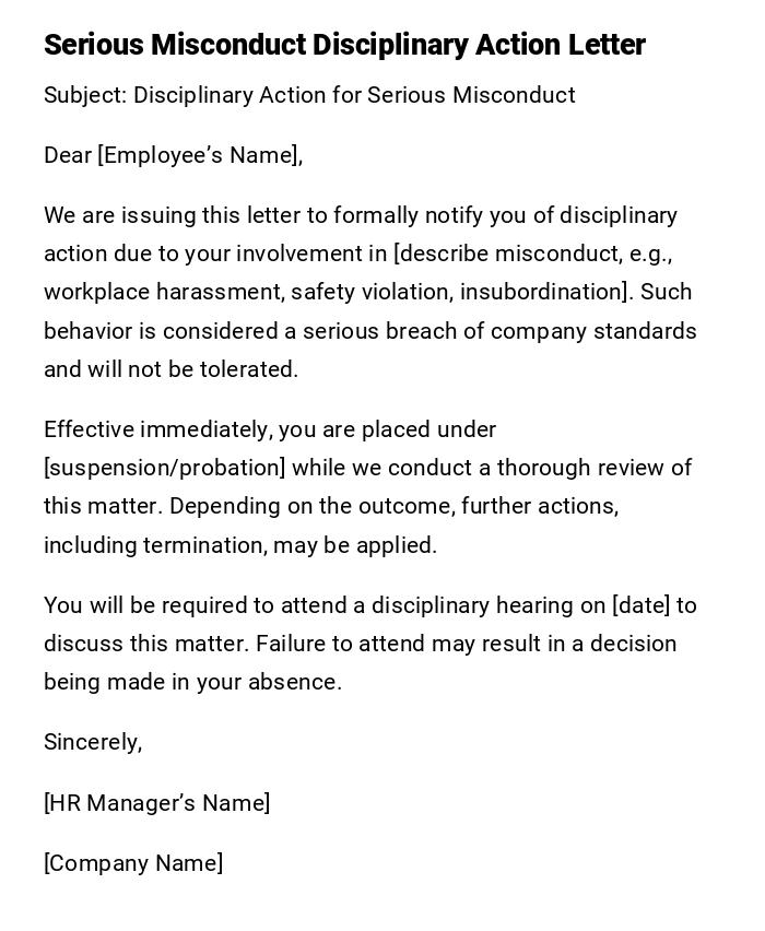 Serious Misconduct Disciplinary Action Letter Serious Misconduct Disciplinary Action Letter