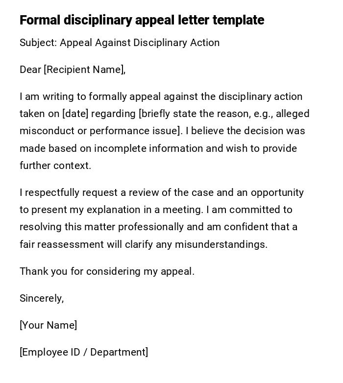 Formal disciplinary appeal letter template Formal disciplinary appeal letter template