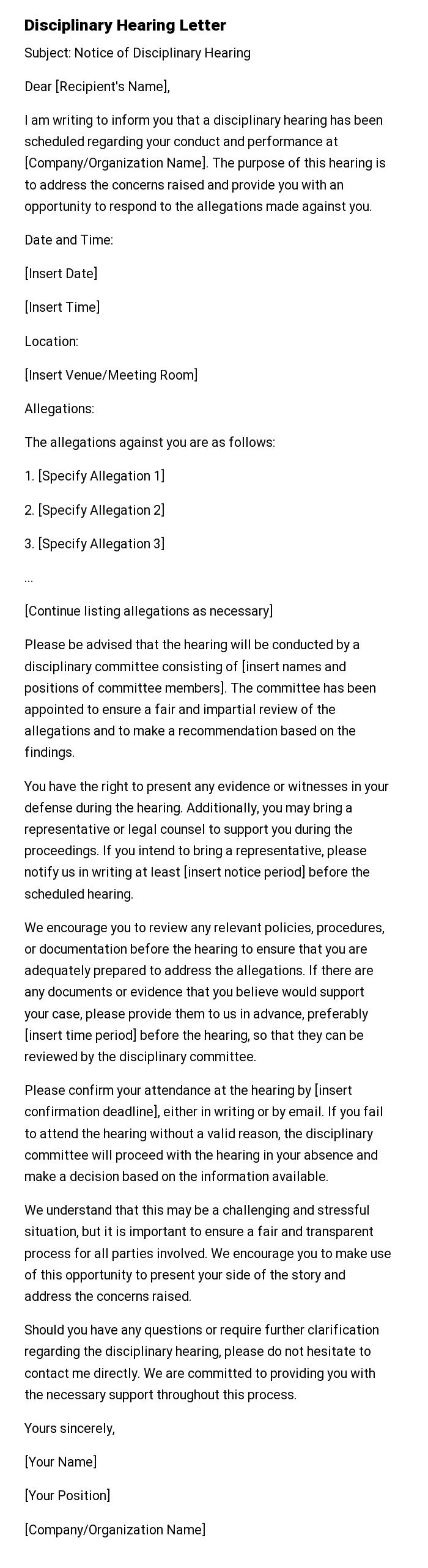 Disciplinary Hearing Letter