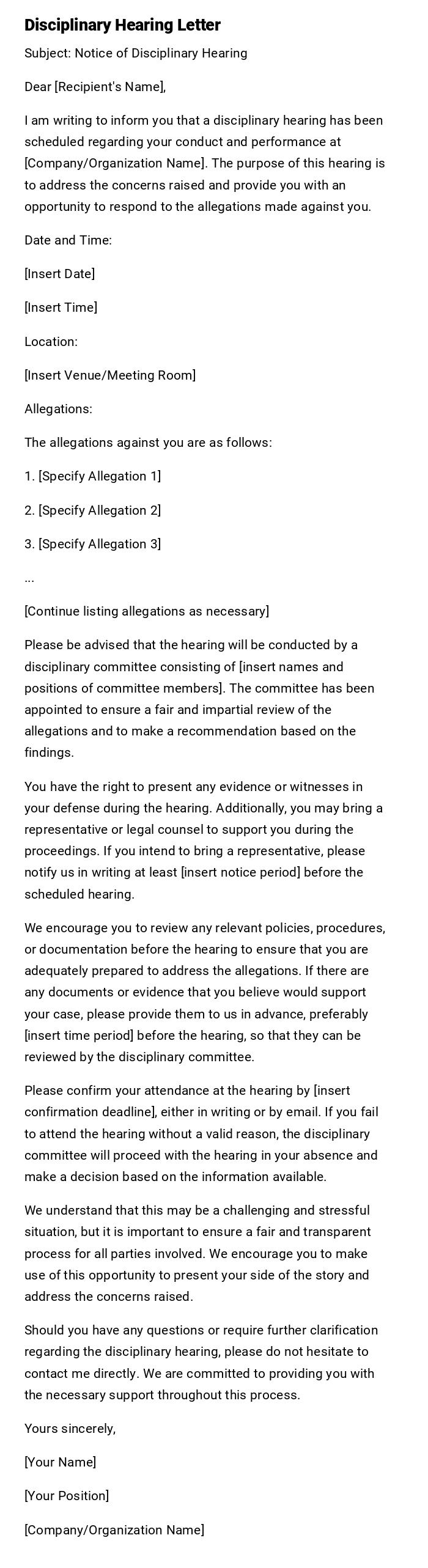 Disciplinary Hearing Letter