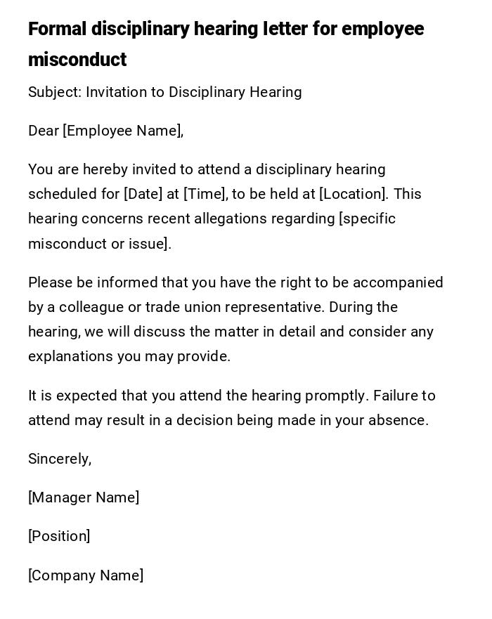 Formal disciplinary hearing letter for employee misconduct Formal disciplinary hearing letter for employee misconduct