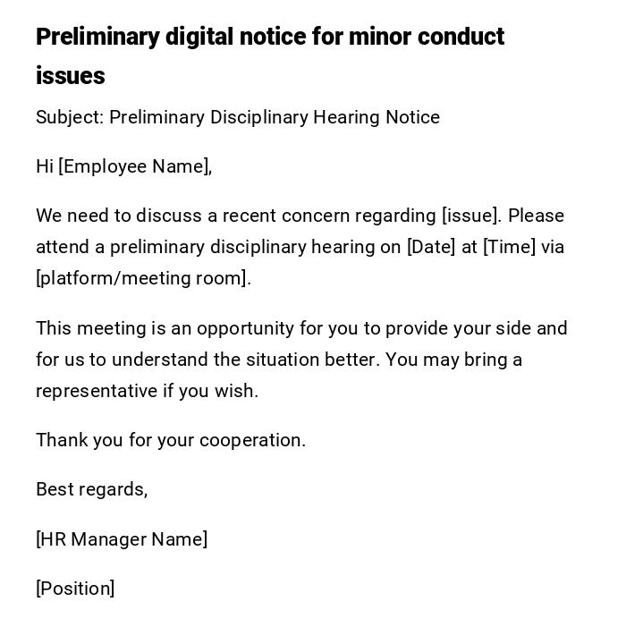 Preliminary digital notice for minor conduct issues Preliminary digital notice for minor conduct issues