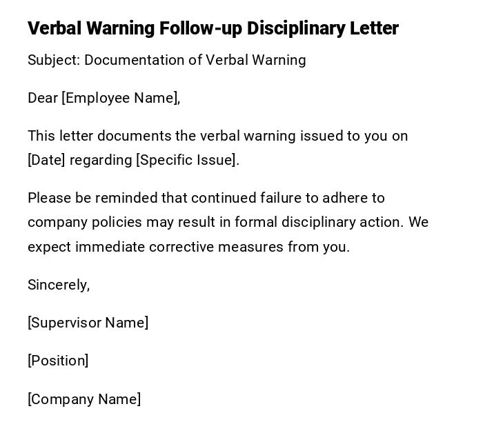 Verbal Warning Follow-up Disciplinary Letter Verbal Warning Follow-up Disciplinary Letter