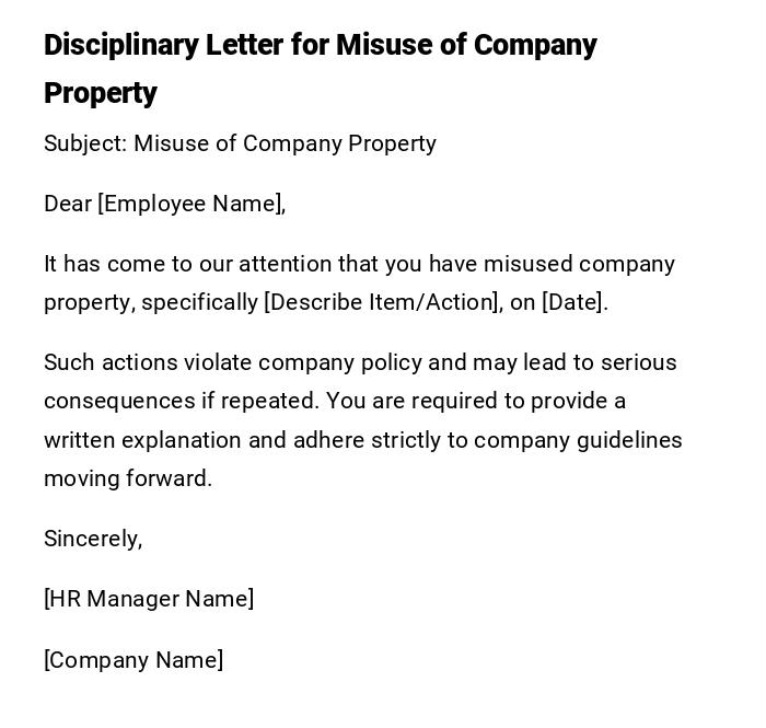 Disciplinary Letter for Misuse of Company Property Disciplinary Letter for Misuse of Company Property