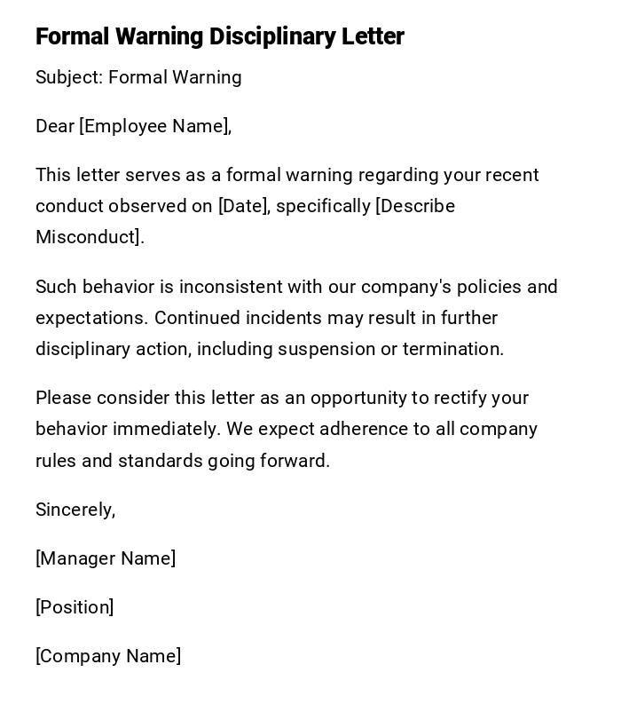 Formal Warning Disciplinary Letter Formal Warning Disciplinary Letter