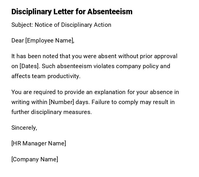 Disciplinary Letter for Absenteeism Disciplinary Letter for Absenteeism