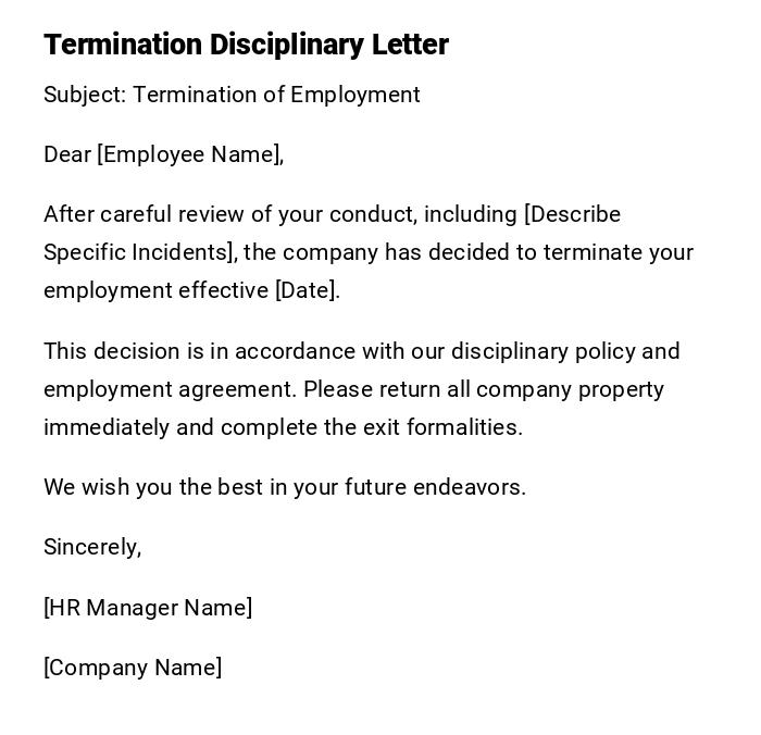 Termination Disciplinary Letter Termination Disciplinary Letter