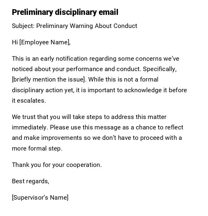 Preliminary disciplinary email Preliminary disciplinary email