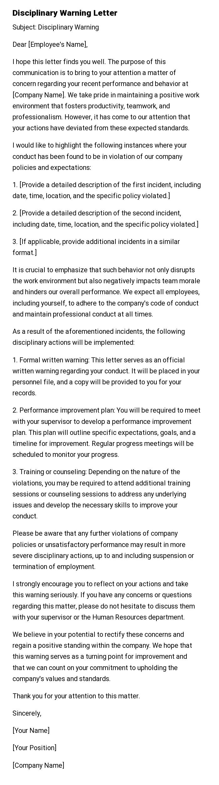 Disciplinary Warning Letter