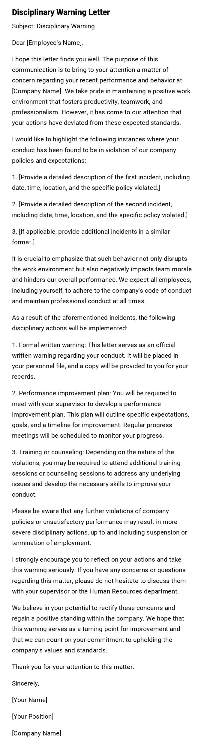 Disciplinary Warning Letter Disciplinary Warning Letter