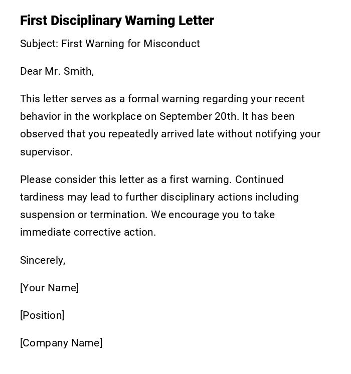 First Disciplinary Warning Letter First Disciplinary Warning Letter