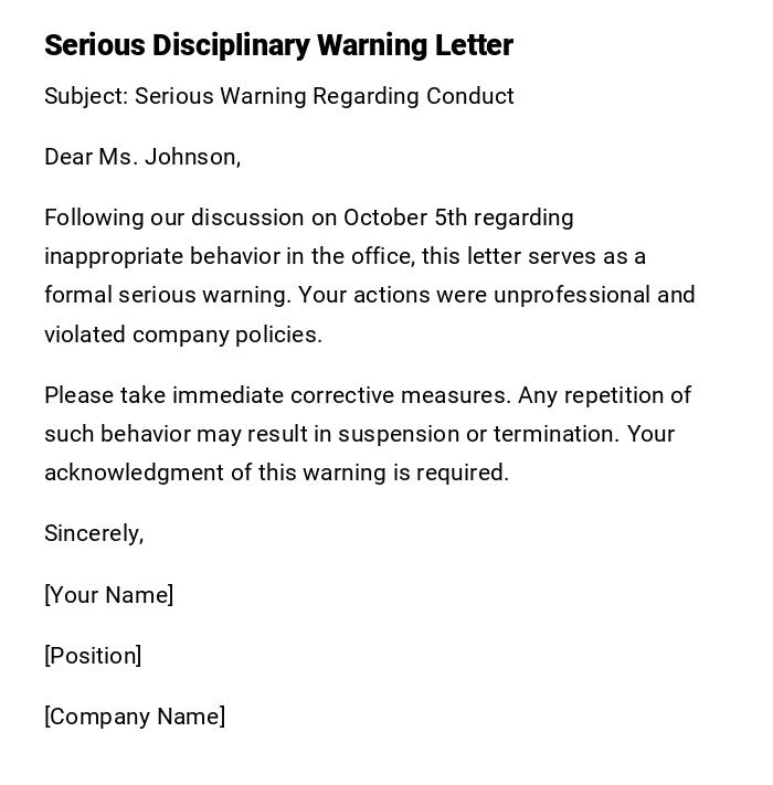 Serious Disciplinary Warning Letter Serious Disciplinary Warning Letter