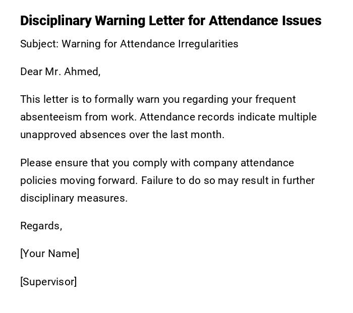 Disciplinary Warning Letter for Attendance Issues Disciplinary Warning Letter for Attendance Issues