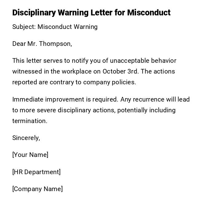 Disciplinary Warning Letter for Misconduct Disciplinary Warning Letter for Misconduct