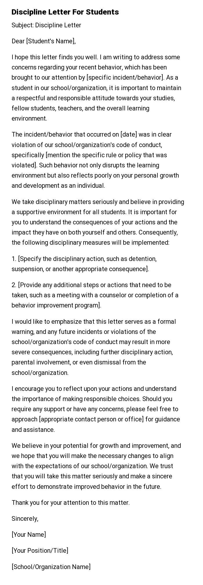 Discipline Letter For Students