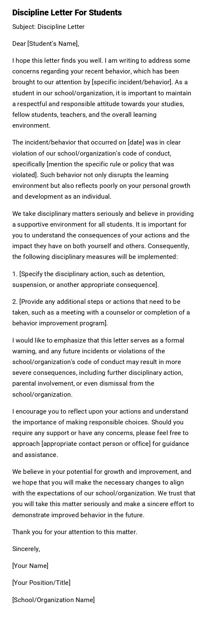 Discipline Letter For Students