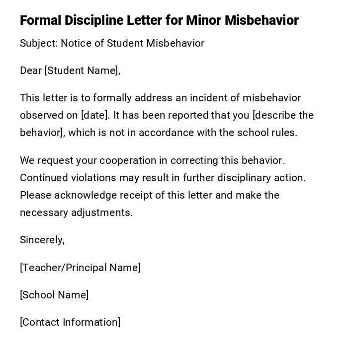 Formal Discipline Letter for Minor Misbehavior Formal Discipline Letter for Minor Misbehavior