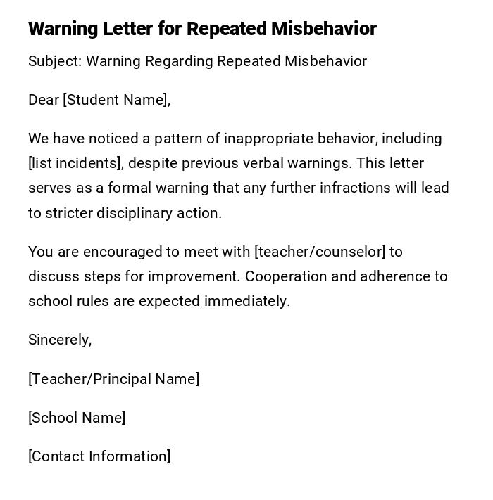 Warning Letter for Repeated Misbehavior Warning Letter for Repeated Misbehavior