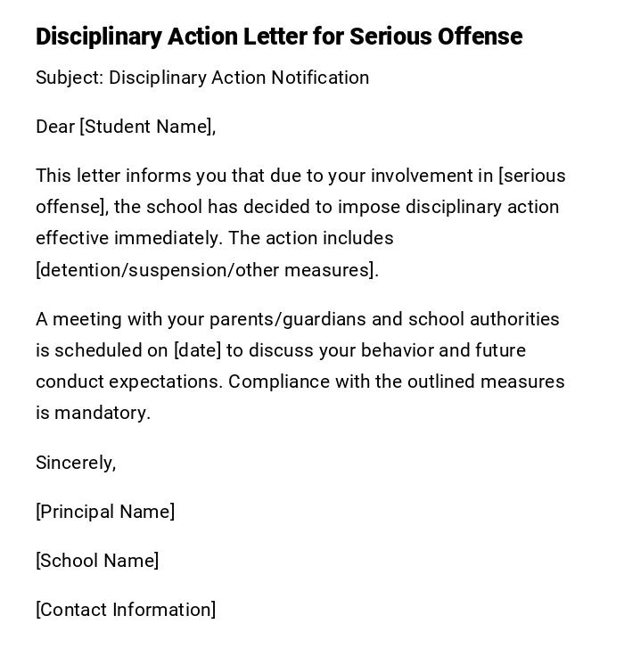 Disciplinary Action Letter for Serious Offense Disciplinary Action Letter for Serious Offense