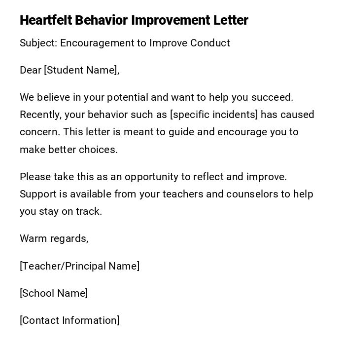 Heartfelt Behavior Improvement Letter Heartfelt Behavior Improvement Letter