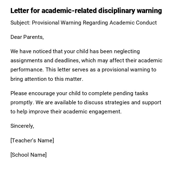 Letter for academic-related disciplinary warning Letter for academic-related disciplinary warning