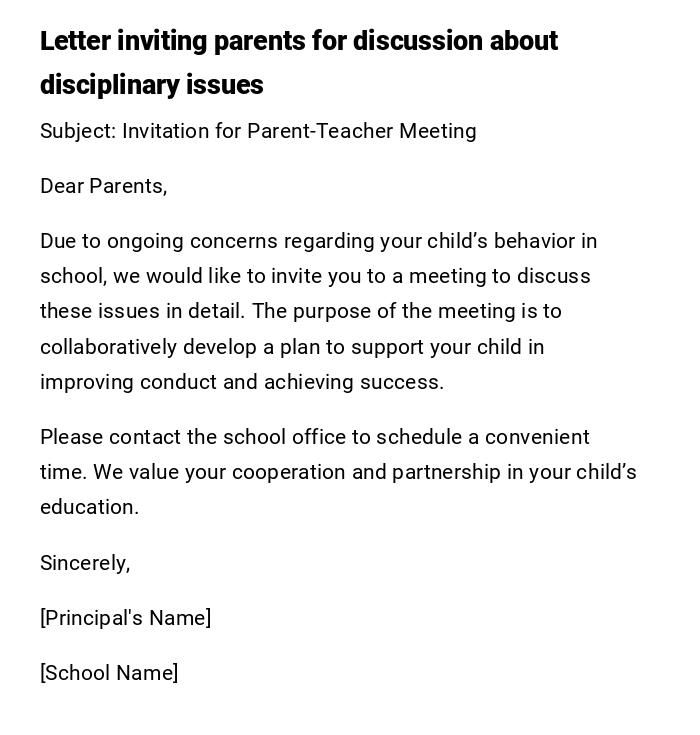 Letter inviting parents for discussion about disciplinary issues Letter inviting parents for discussion about disciplinary issues