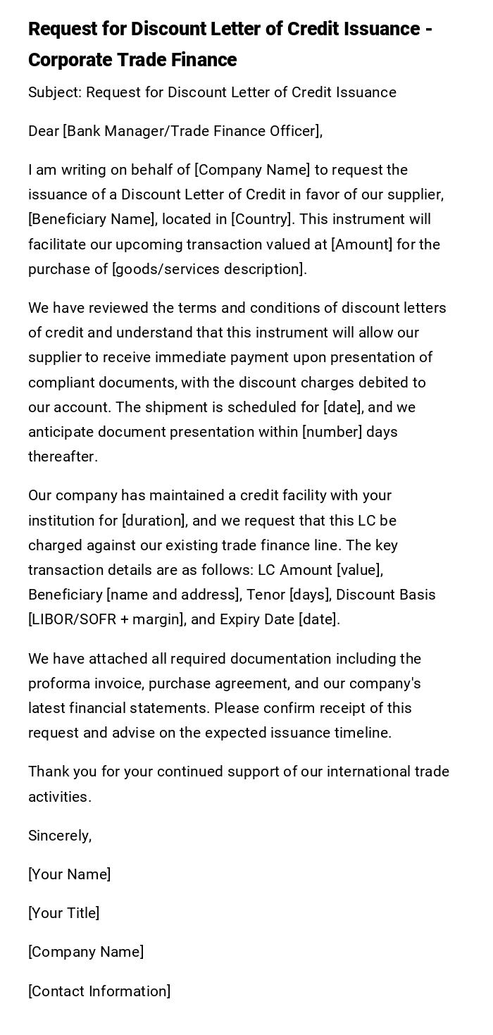Request for Discount Letter of Credit Issuance - Corporate Trade Finance