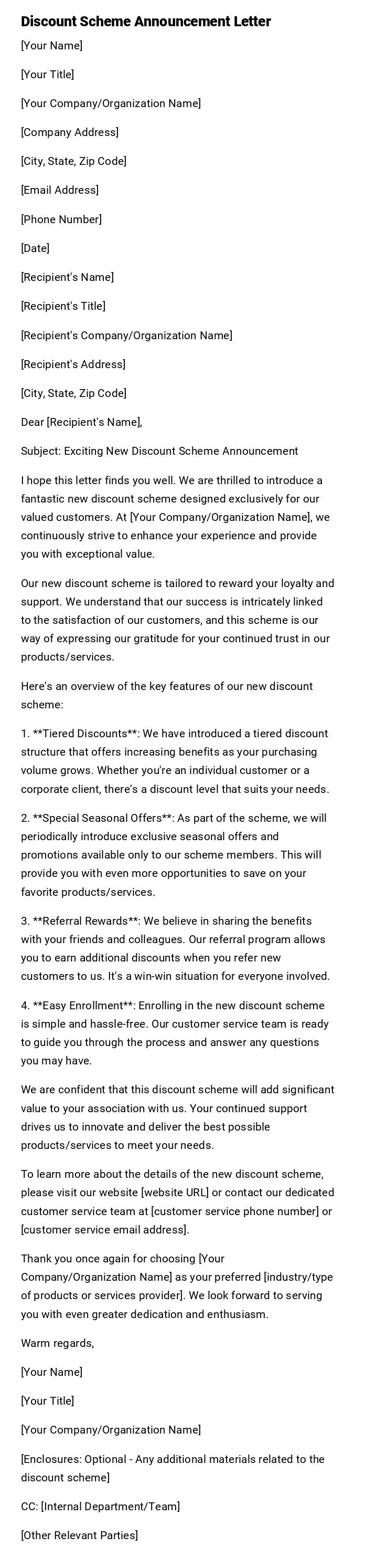 Discount Scheme Announcement Letter