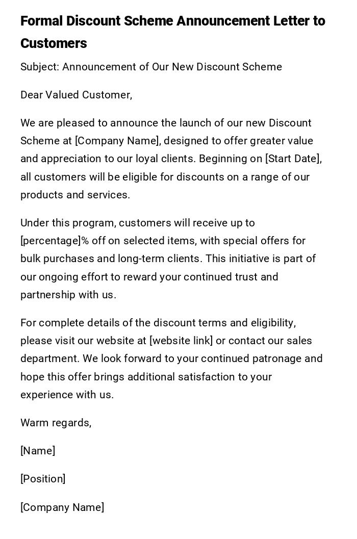 Formal Discount Scheme Announcement Letter to Customers Formal Discount Scheme Announcement Letter to Customers