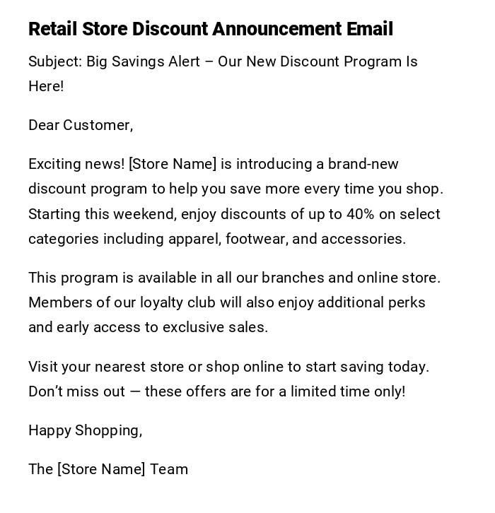 Retail Store Discount Announcement Email Retail Store Discount Announcement Email