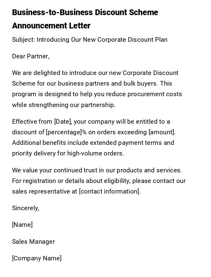 Business-to-Business Discount Scheme Announcement Letter Business-to-Business Discount Scheme Announcement Letter