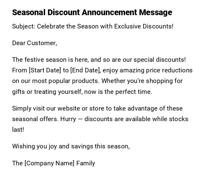 Seasonal Discount Announcement Message Seasonal Discount Announcement Message