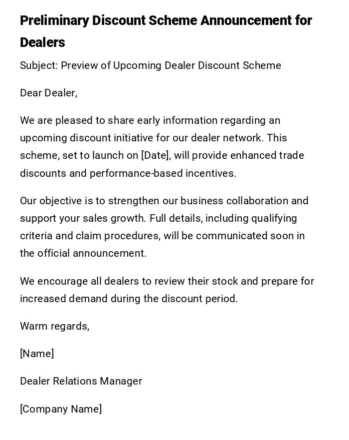 Preliminary Discount Scheme Announcement for Dealers Preliminary Discount Scheme Announcement for Dealers