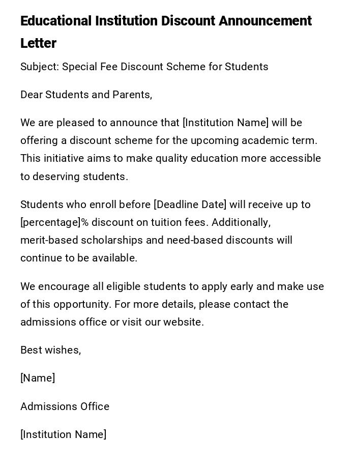 Educational Institution Discount Announcement Letter Educational Institution Discount Announcement Letter