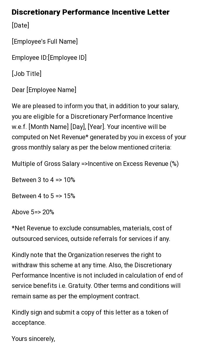 Discretionary Performance Incentive Letter