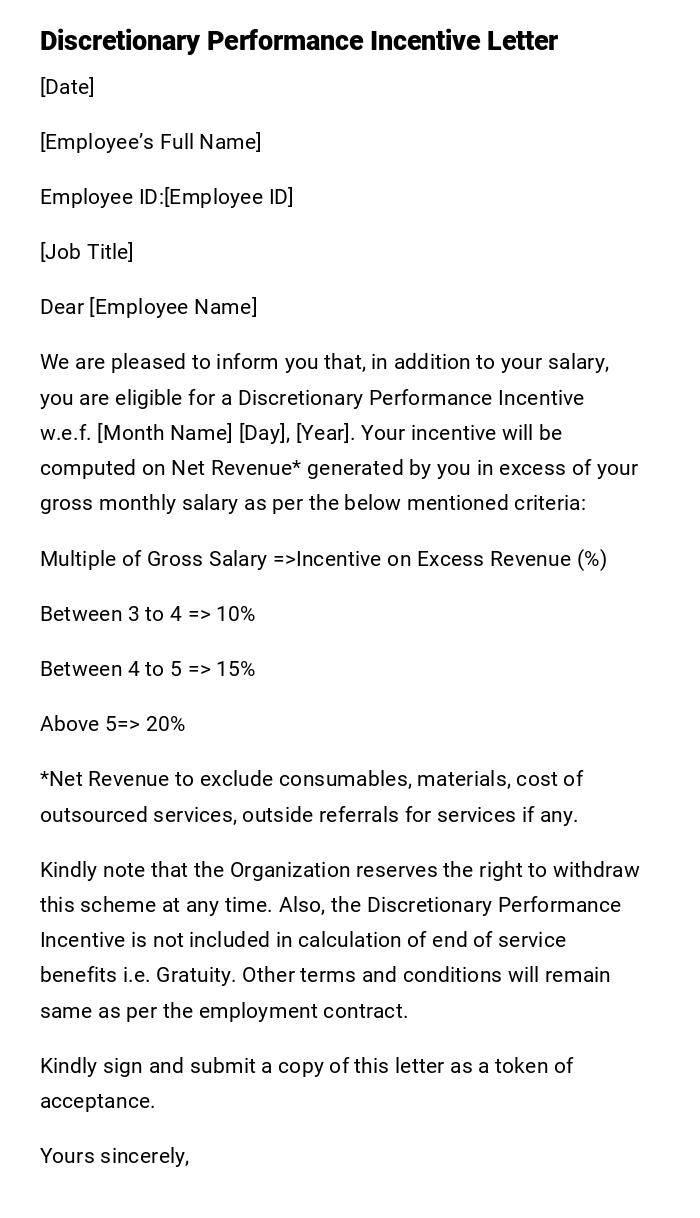 Discretionary Performance Incentive Letter