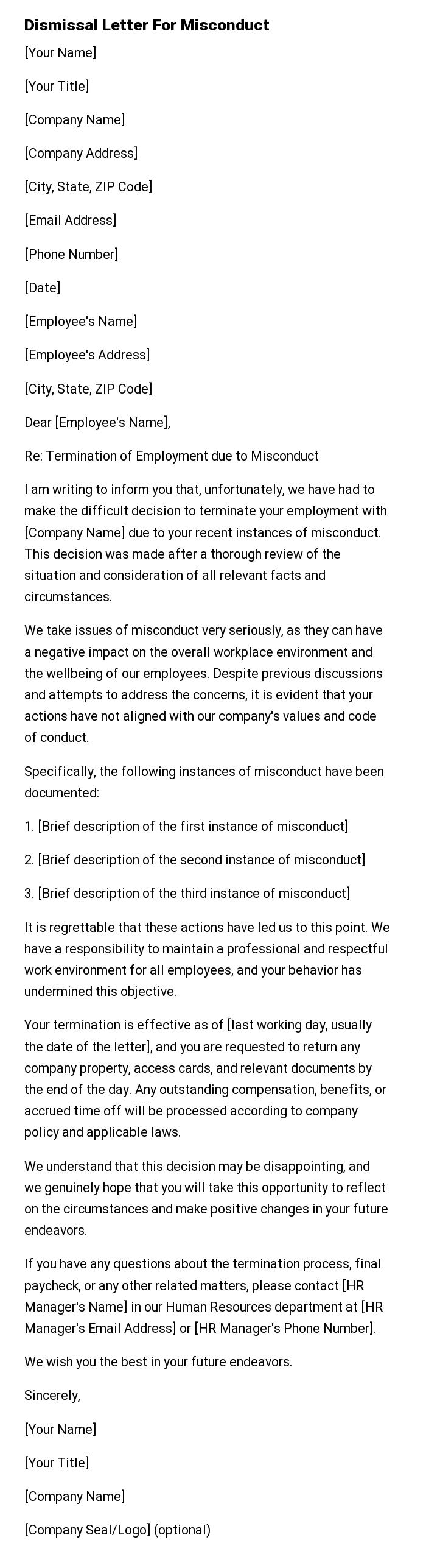 Dismissal Letter For Misconduct