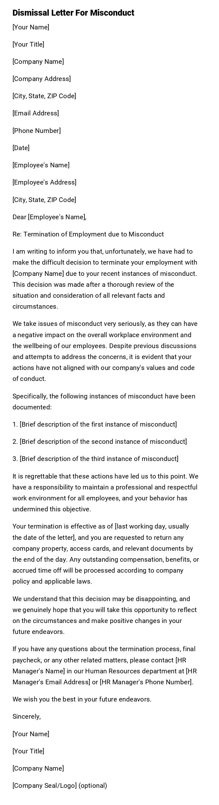 Dismissal Letter For Misconduct Dismissal Letter For Misconduct
