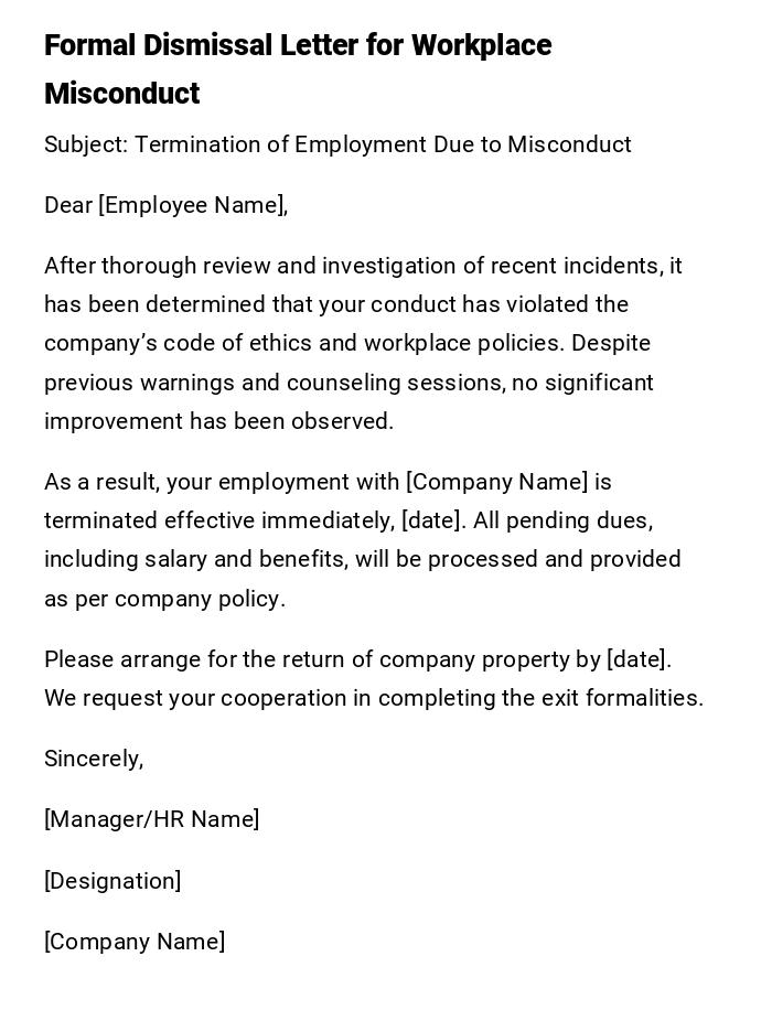 Formal Dismissal Letter for Workplace Misconduct Formal Dismissal Letter for Workplace Misconduct