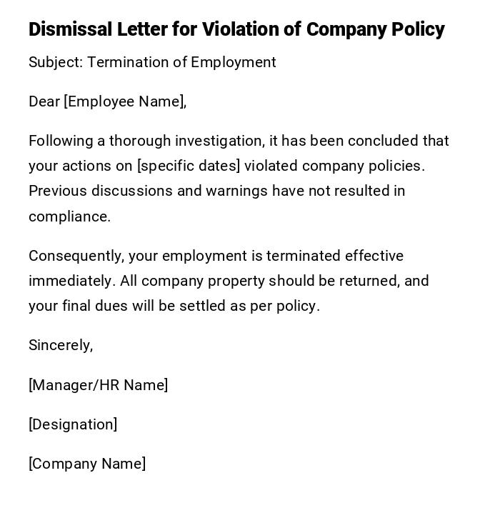 Dismissal Letter for Violation of Company Policy Dismissal Letter for Violation of Company Policy