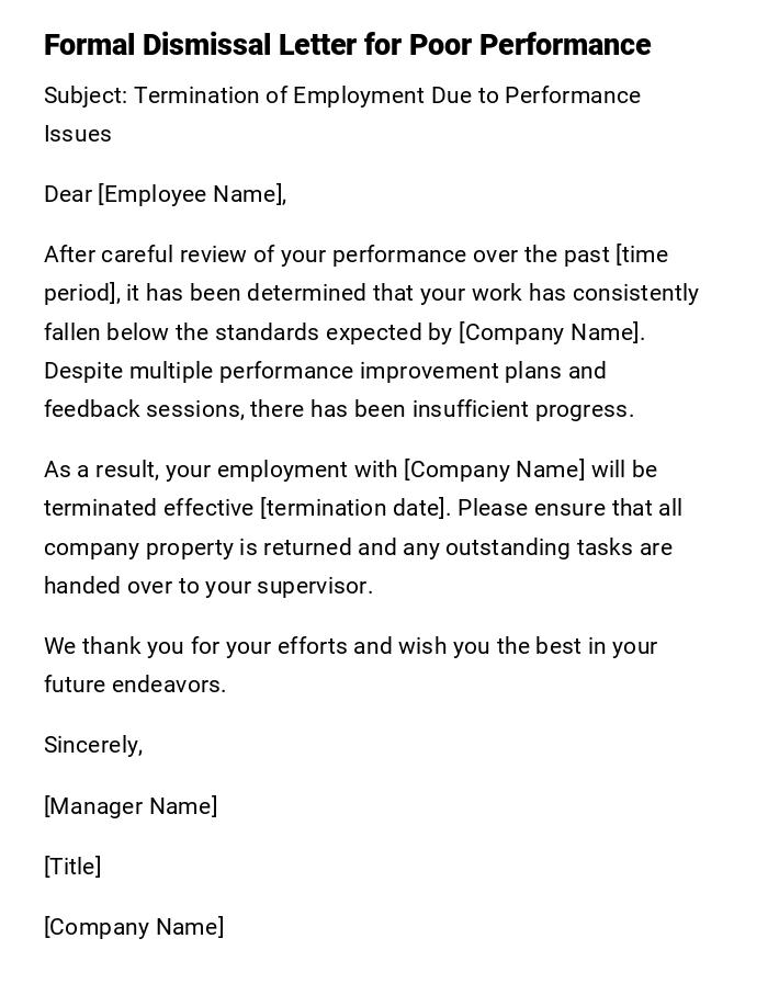 Formal Dismissal Letter for Poor Performance Formal Dismissal Letter for Poor Performance