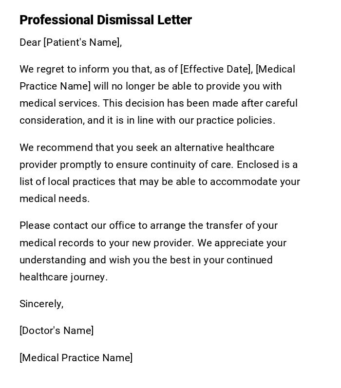 Professional Dismissal Letter Professional Dismissal Letter