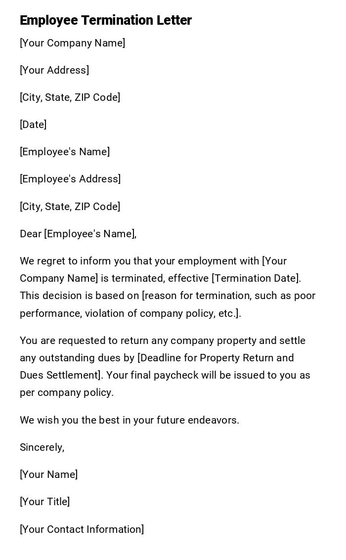 Employee Termination Letter Employee Termination Letter